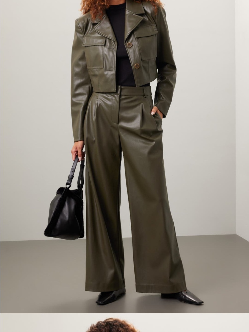 High-Rise Wide-Leg Faux Leather Pants in Olive